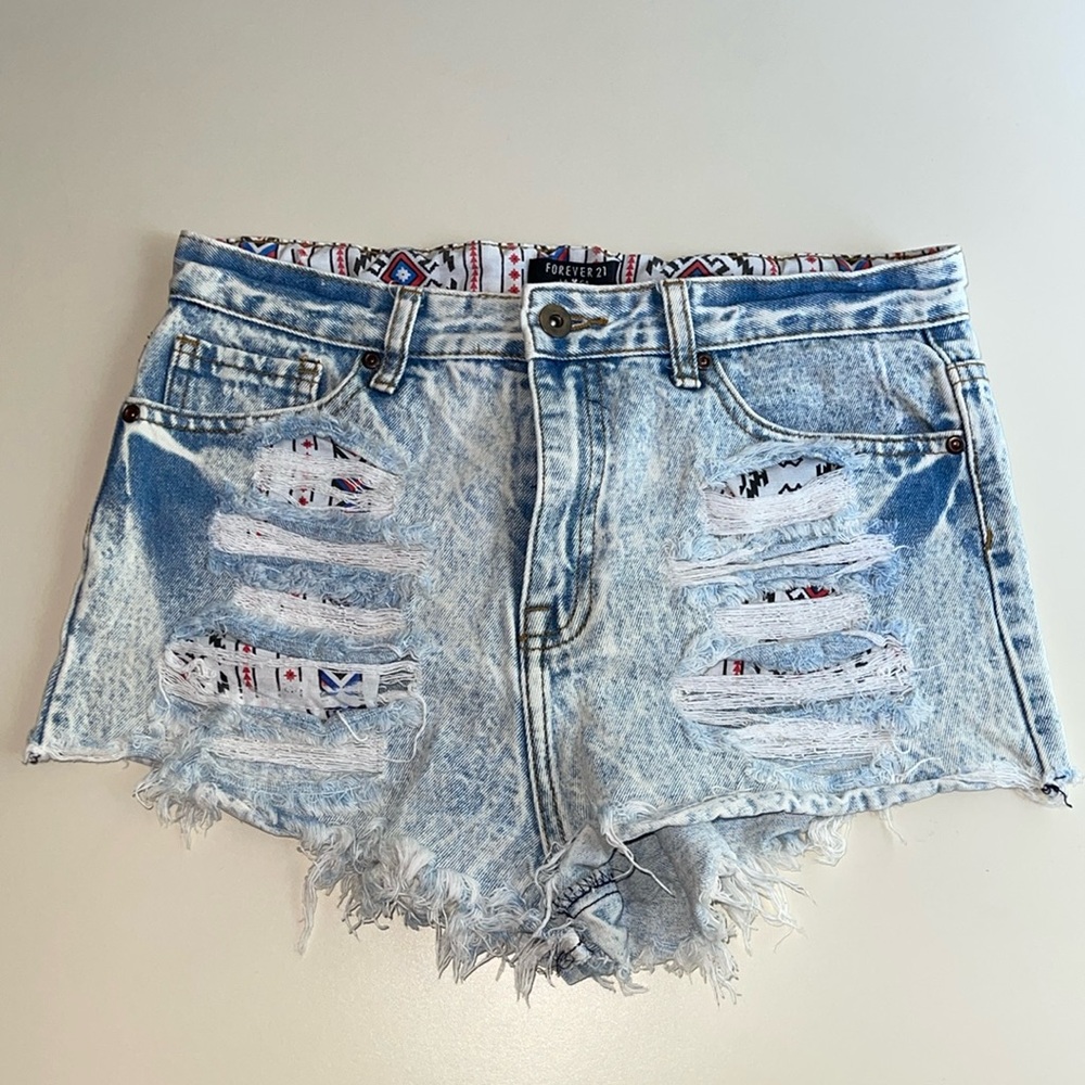 Forever 21 Destroyed Frayed Acid Wash High Waist Tribal Print Shorts